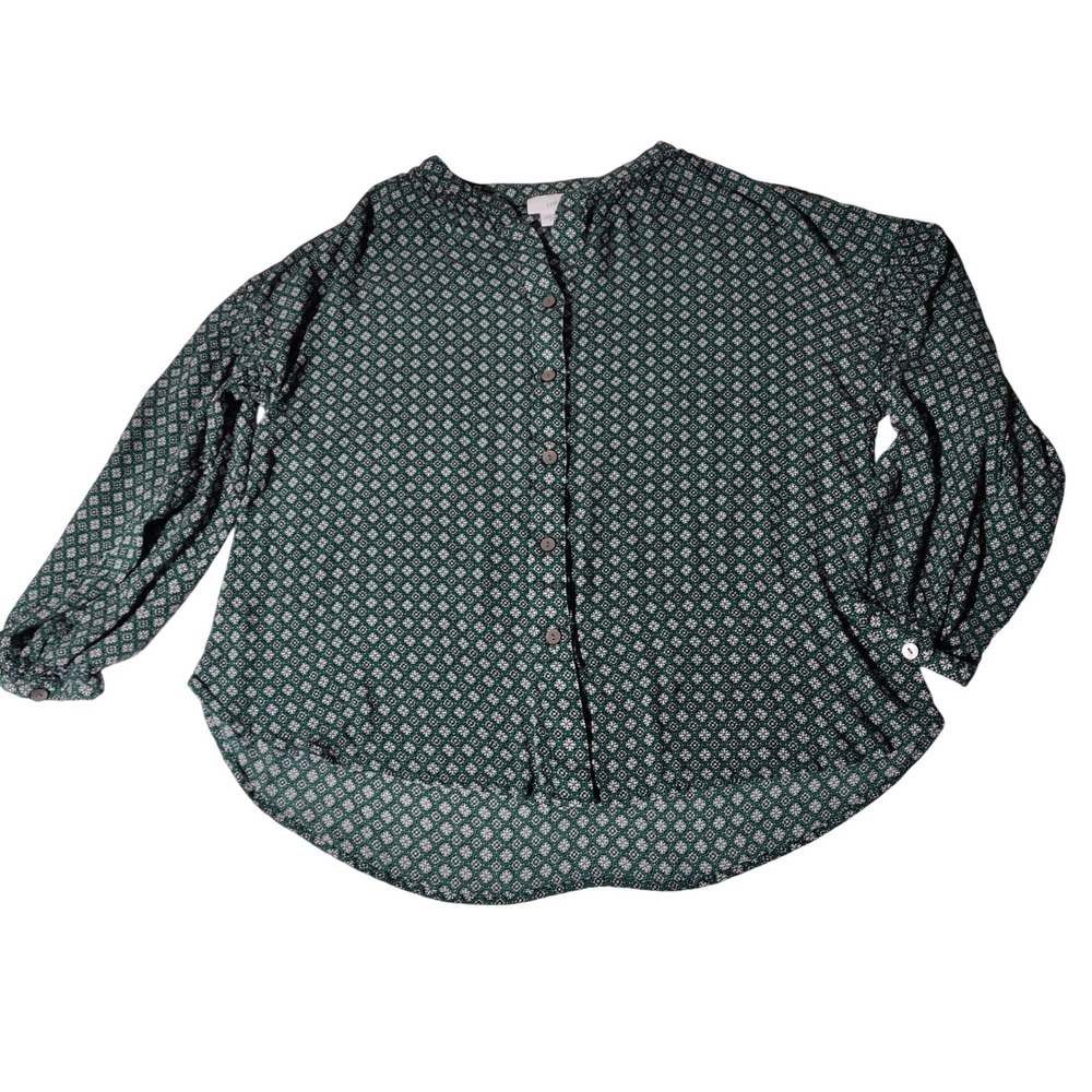 J.‎ Jill Women Green White Geometric Floral Rayon Button Front Blouse Small